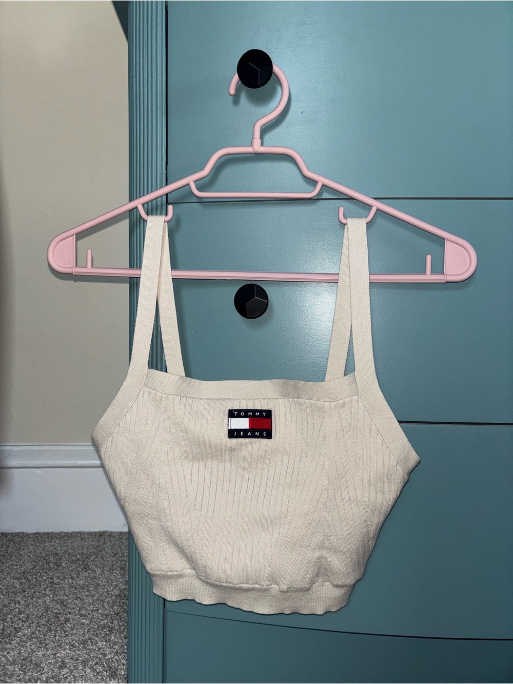 Tommy Hilfiger Cream Ribbed Cropped Camisole with Flag Logo